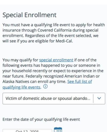 Screenshot of the interface for coveredca.com displaying a respondent’s selection for being a victim of domestic abuse or spousal abandonment